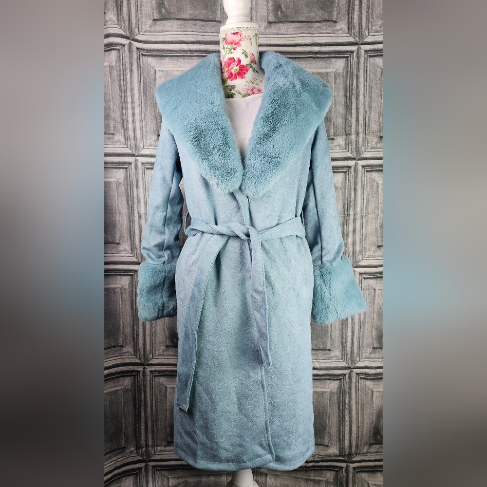 Forever21 Faux Suede/Fur Blue Trench Coat - Small